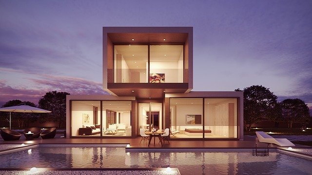A modern house with a pool.