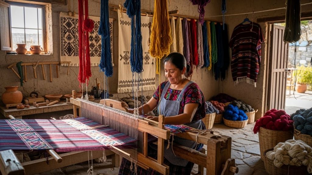 Traditional Mexican artisan weaving naturally dyed fabric on wooden loom in Oaxaca workshop
