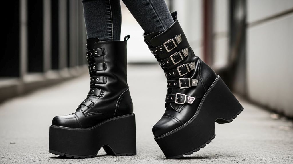 Black leather Visual Kei platform boots with multiple silver buckles and eight-inch platforms worn with skinny jeans