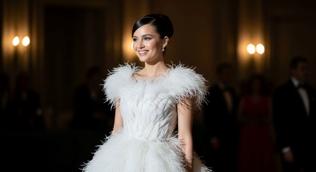 Woman wearing glamorous floor-length feather gown with sleek updo hairstyle and minimal jewelry at formal event