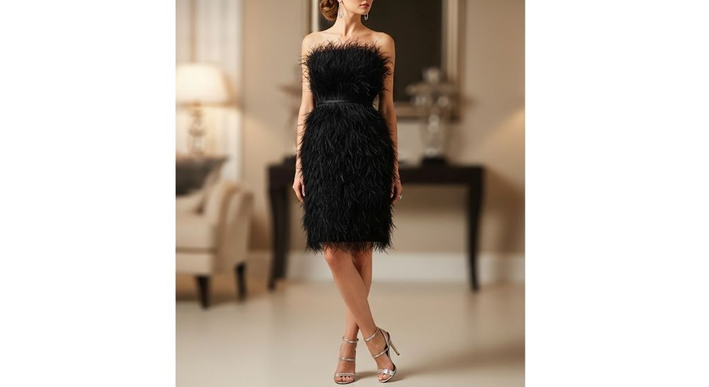 Elegant black feather cocktail dress paired with silver strappy heels and simple drop earrings for evening party styling