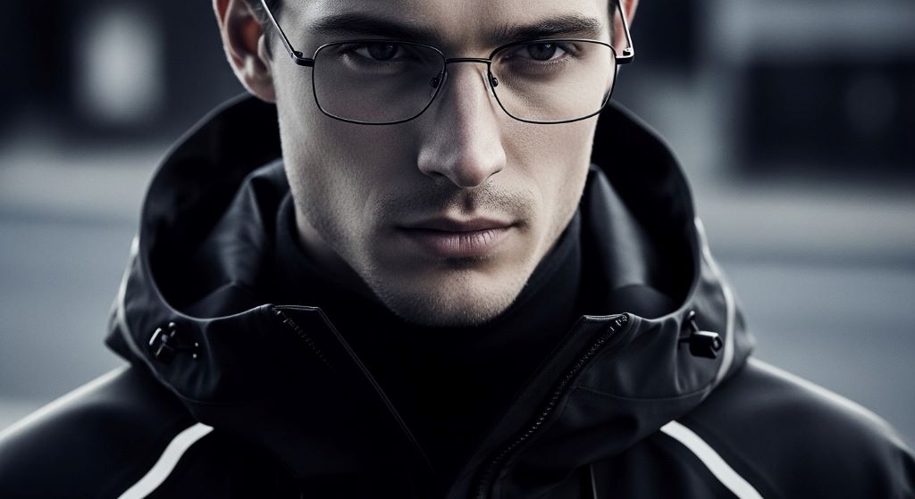 Close-up of mens slim wireframe eyeglasses styled with a monochrome techwear streetwear look