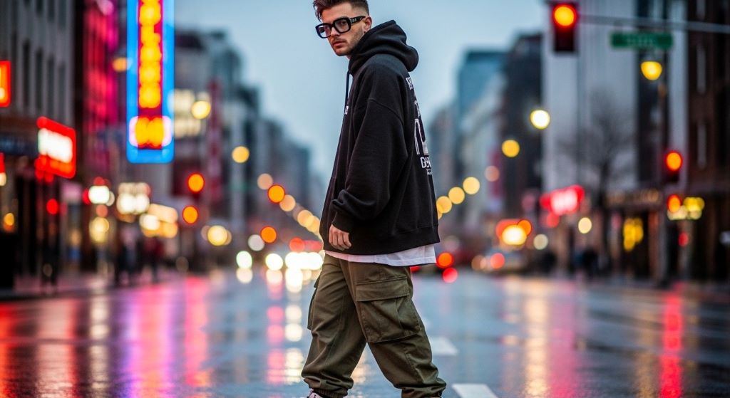 Man wearing thick black rectangular eyeglasses with an oversized hoodie and cargo pants streetwear outfit