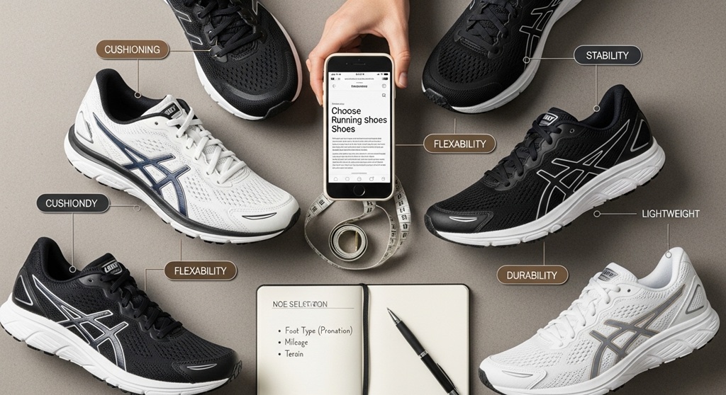 Comparison of running shoe features including cushioning and foot support