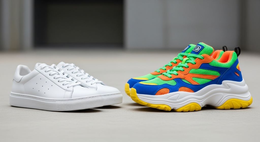 A pair of clean white sneakers and bold colorful chunky shoes placed side by side on a minimalist surface