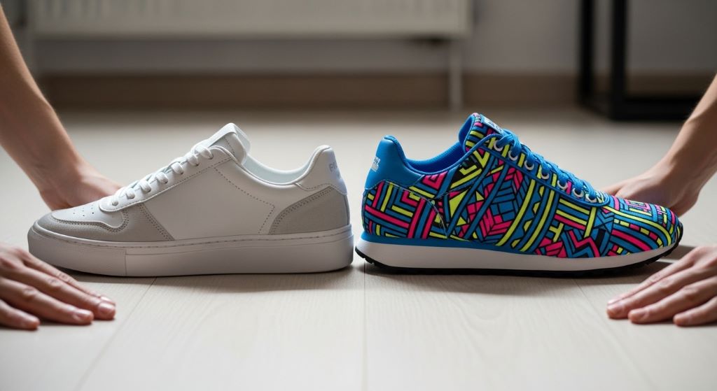 Person choosing between a clean neutral sneaker and a standout patterned shoe representing two different fashion identities