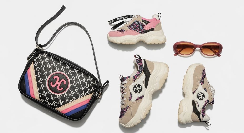 A styled flat lay of 90s retro accessories including a mini logo bag, chunky sneakers, and tinted oval sunglasses