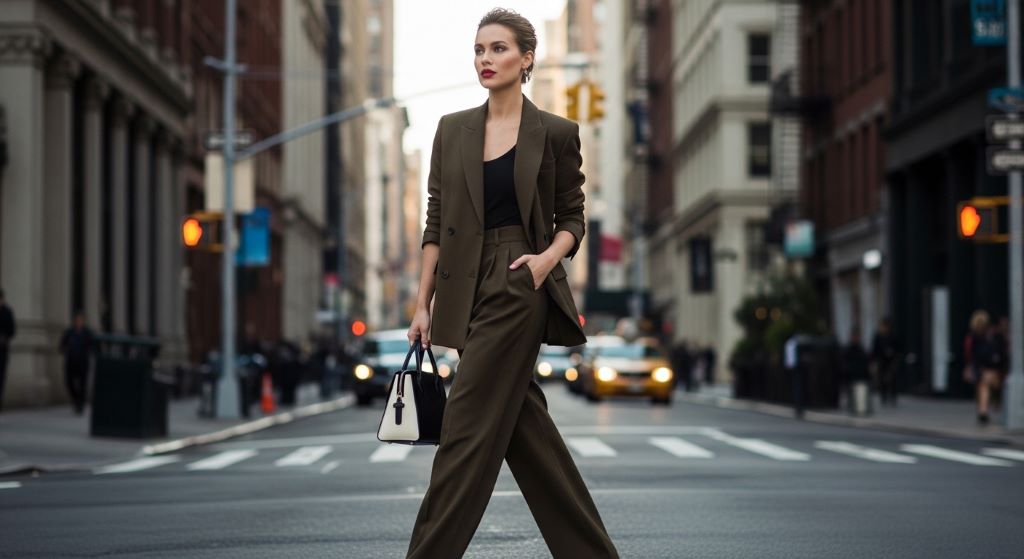 A fashion model wearing a 90s-inspired wide-leg trouser suit paired with a modern luxury handbag on a city street