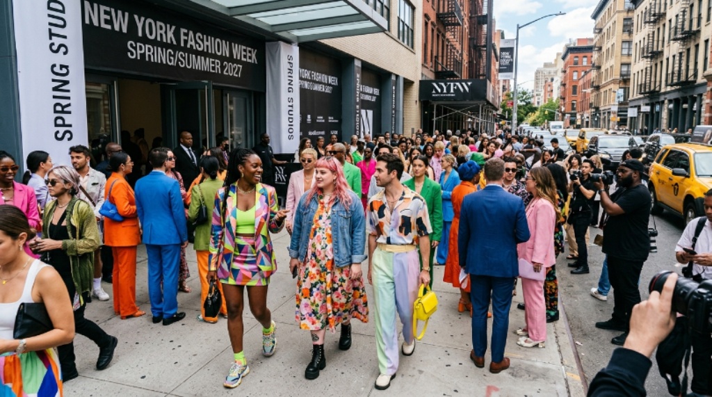 Street style crowd outside New York Fashion Week Spring Summer 2027 venue wearing colorful seasonal trend outfits