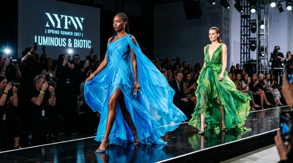 Models walking the NYFW Spring Summer 2027 runway in flowing dresses featuring bold Luminous Blue and Biotic Green color palettes