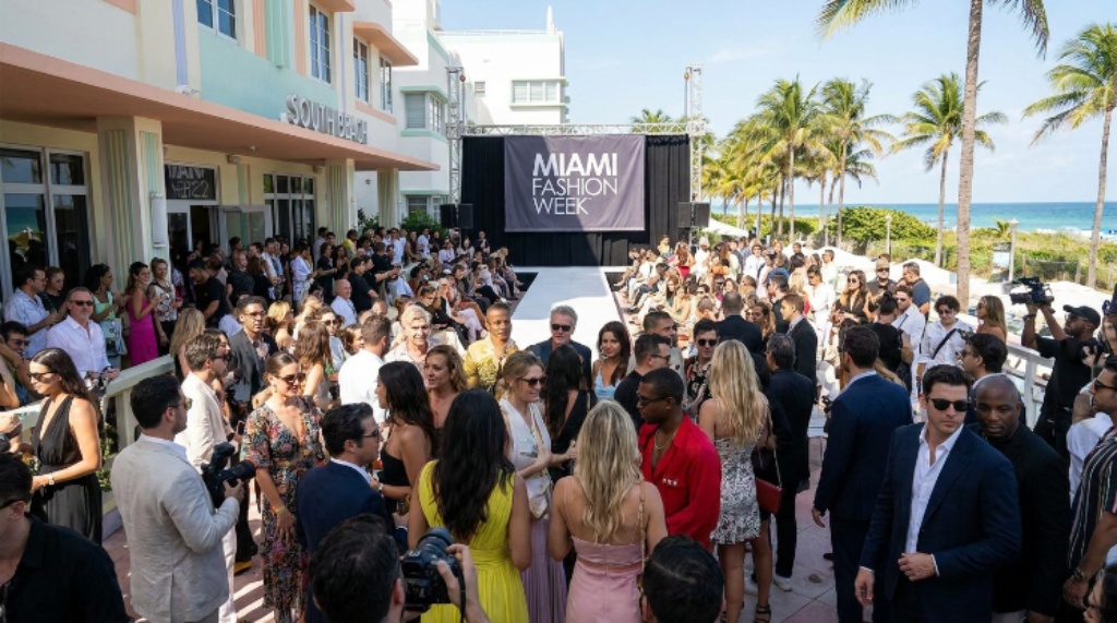 Crowd of fashion attendees and celebrities at South Beach venue during Miami Fashion Week