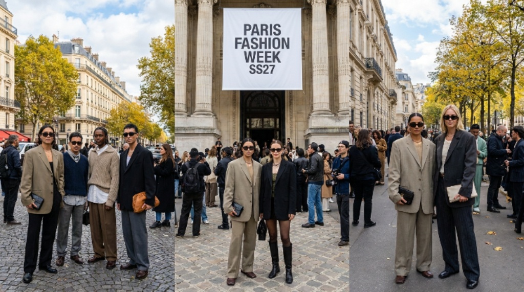 Street style fashion outside Paris Fashion Week SS27 venue in France