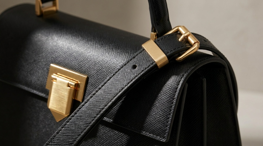 Close-up of gold hardware and precise stitching on a designer black leather handbag.