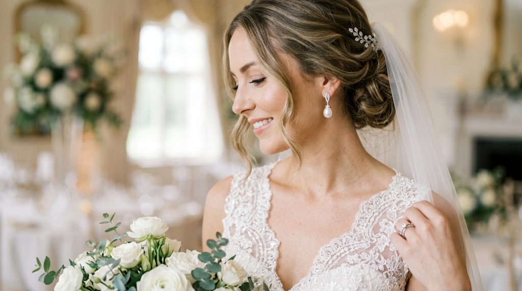 Bride wearing elegant pearl drop earrings that match her lace wedding dress.