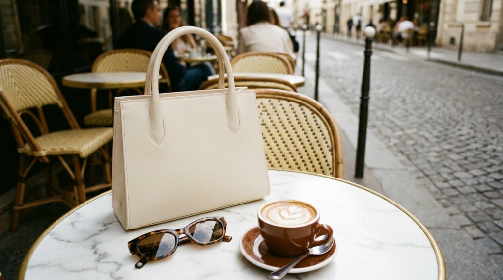 A minimalist leather top handle bag sits on a marble cafe table next to sunglasses.