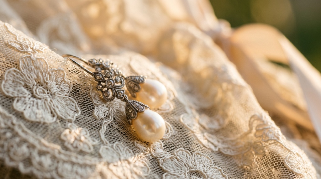 Detailed view of antique style pearl wedding earrings with intricate diamond accents.