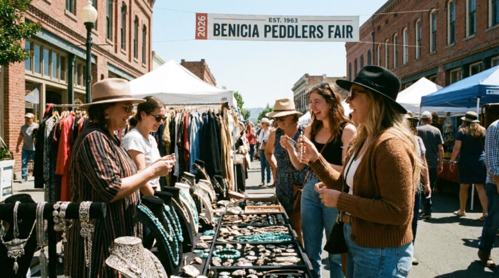 Shoppers browsing vintage jewelry at the Benicia Peddlers Fair 2026