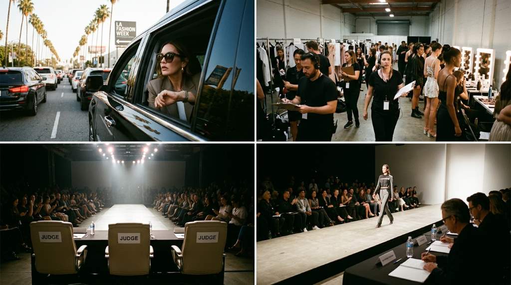 Professional fashion judging panel during runway show