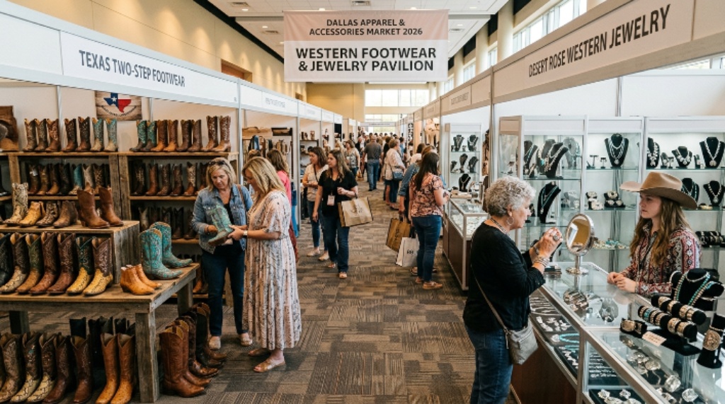 Western footwear and jewelry exhibitors at Dallas Apparel Accessories Market 2026