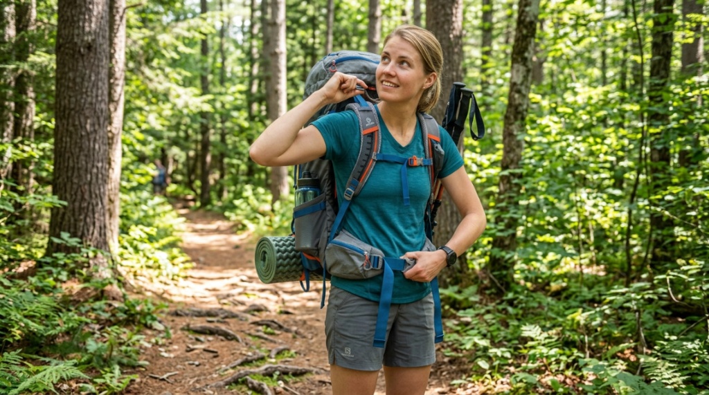 Hiker adjusting the straps of a camping backpack.