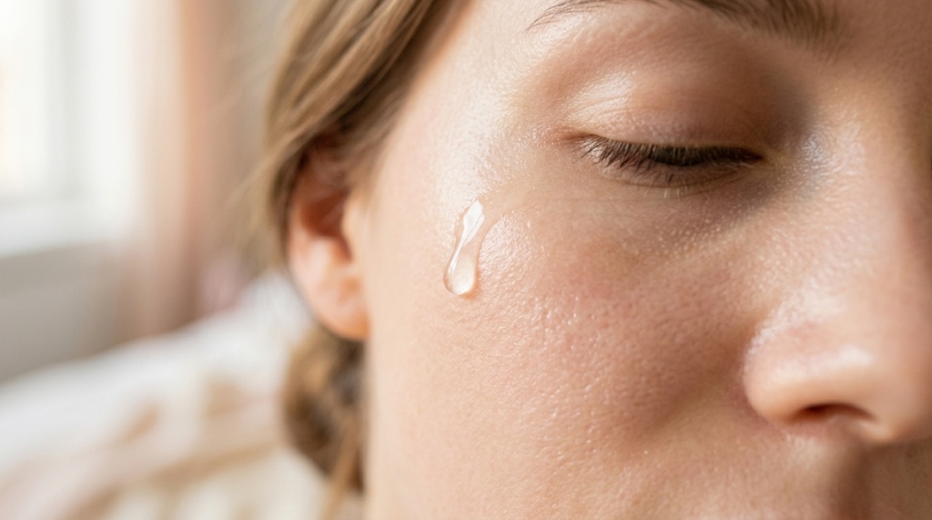 Close-up of a gentle skincare serum being applied to a woman's calm cheek.