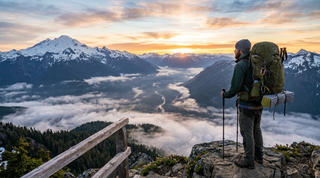 Hiker with a camping backpack overlooking mountains in Washington.