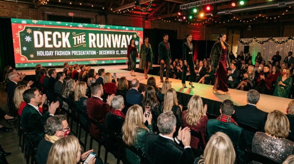 Audience watching a holiday fashion presentation at Deck the Runway event on December 12 2026
