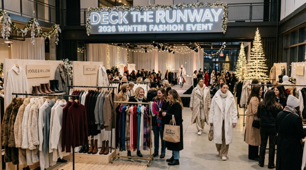 Designer clothing display and pop-up market at Deck the Runway 2026 winter fashion event