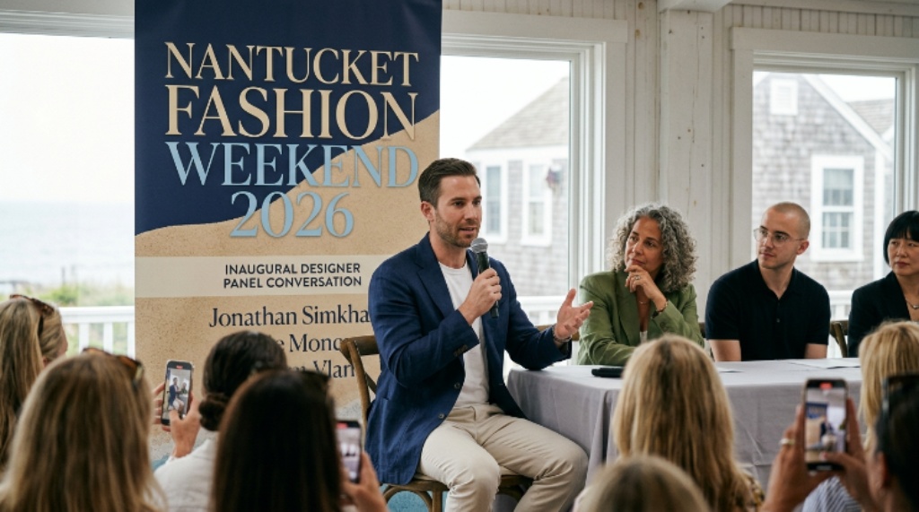 Jonathan Simkhai speaking at a designer panel conversation during the inaugural Nantucket Fashion Weekend 2026