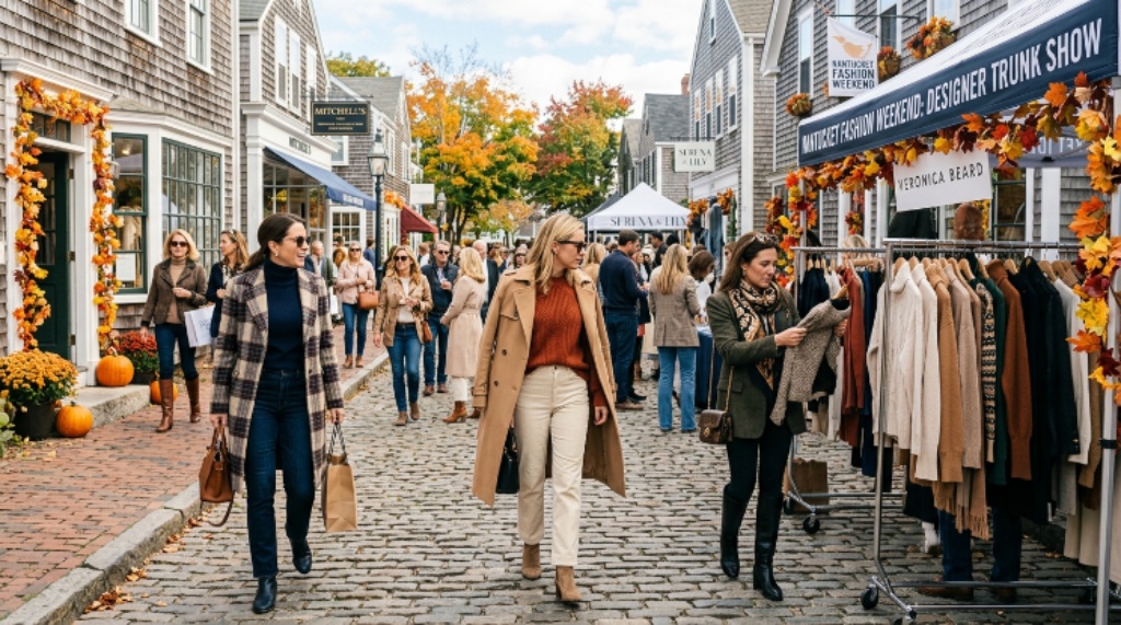 Guests in layered fall outfits browsing a designer trunk show on Nantucket's cobblestone streets during fashion weekend