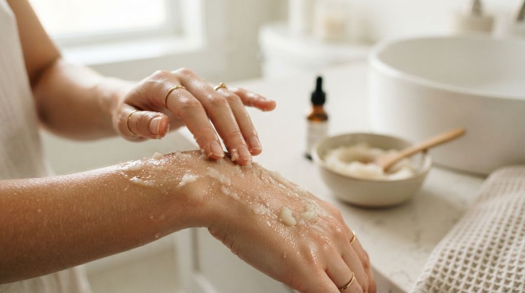 Applying a homemade sugar body scrub to sensitive skin